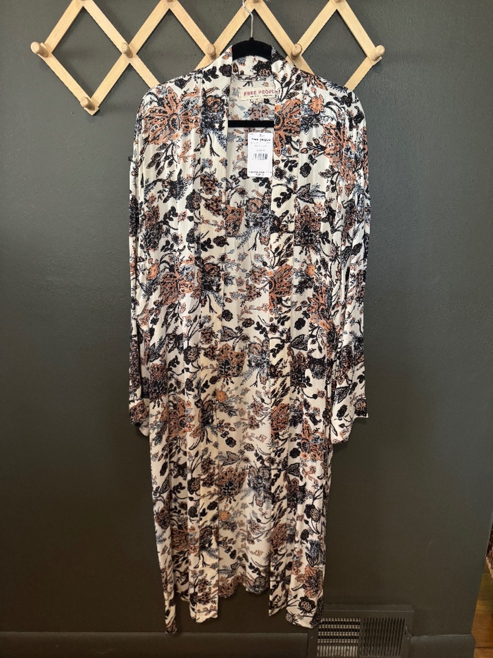 Free People Cream Floral Duster with Black and Brown Print